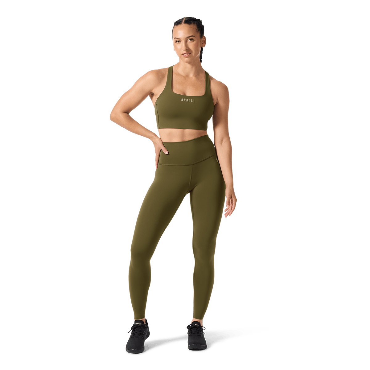 NOBULL Tactical Green Drive Longline Bra Front Full Body Angle.