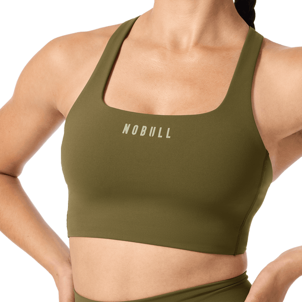 NOBULL Tactical Green Drive Longline Bra Front Detail Angle.