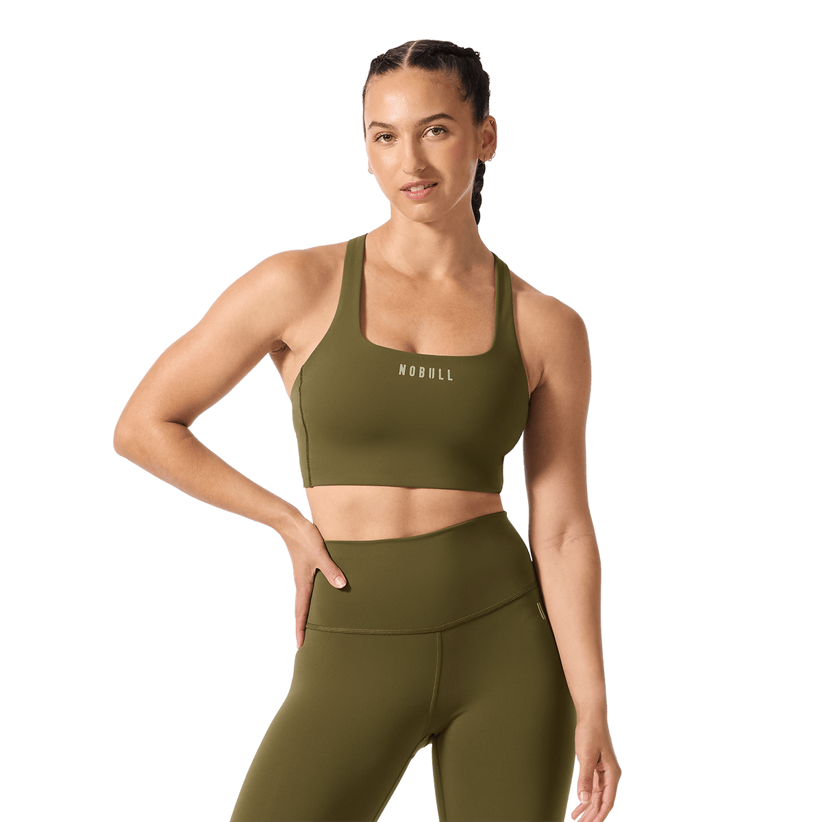 NOBULL Tactical Green Drive Longline Bra Front Angle.