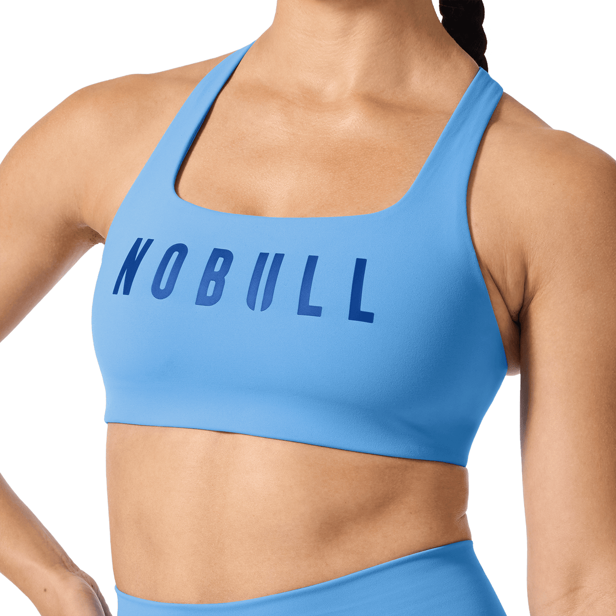 NOBULL Light Blue Drive Racerback Bra Front Detail Angle.