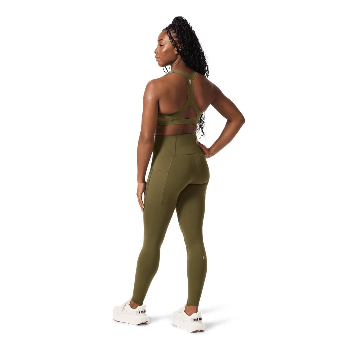 NOBULL Tactical Green Drive Racerback Bra Back Full Body Angle.