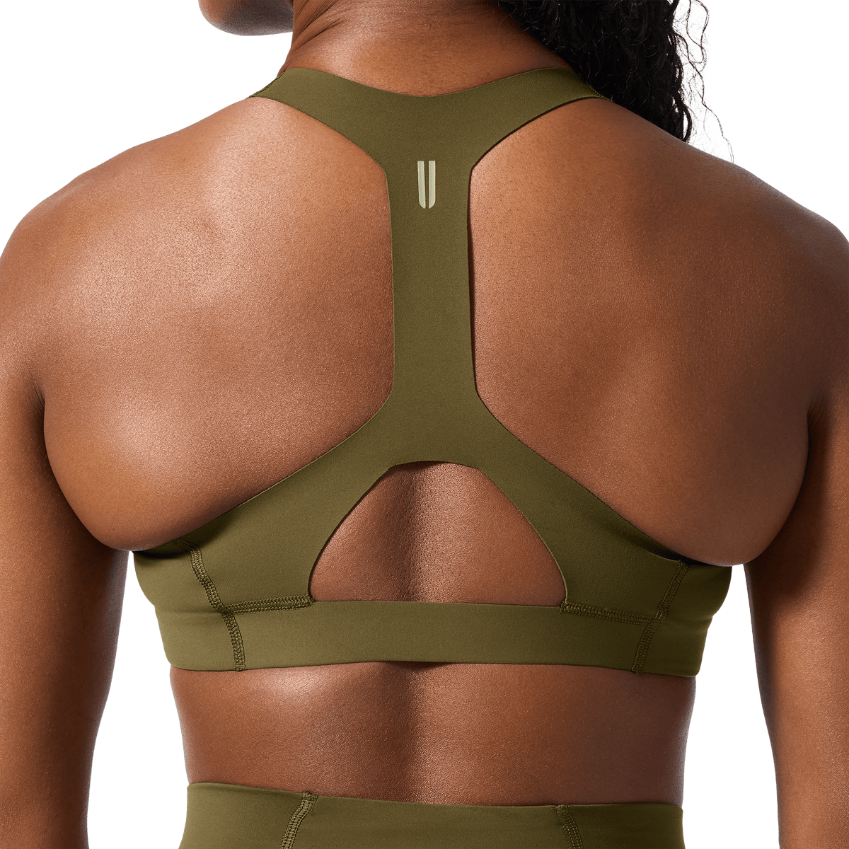 NOBULL Tactical Green Drive Racerback Bra Back Detail Angle.