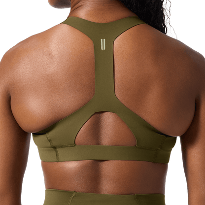 NOBULL Tactical Green Drive Racerback Bra Back Detail Angle.