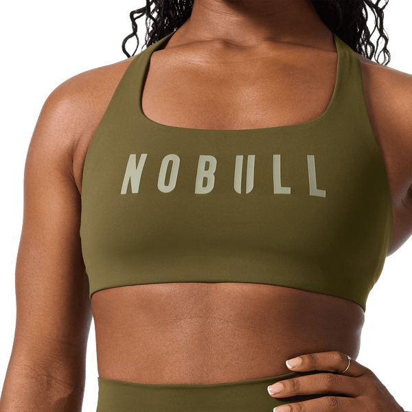 NOBULL Tactical Green Drive Racerback Bra Front Detail Angle.