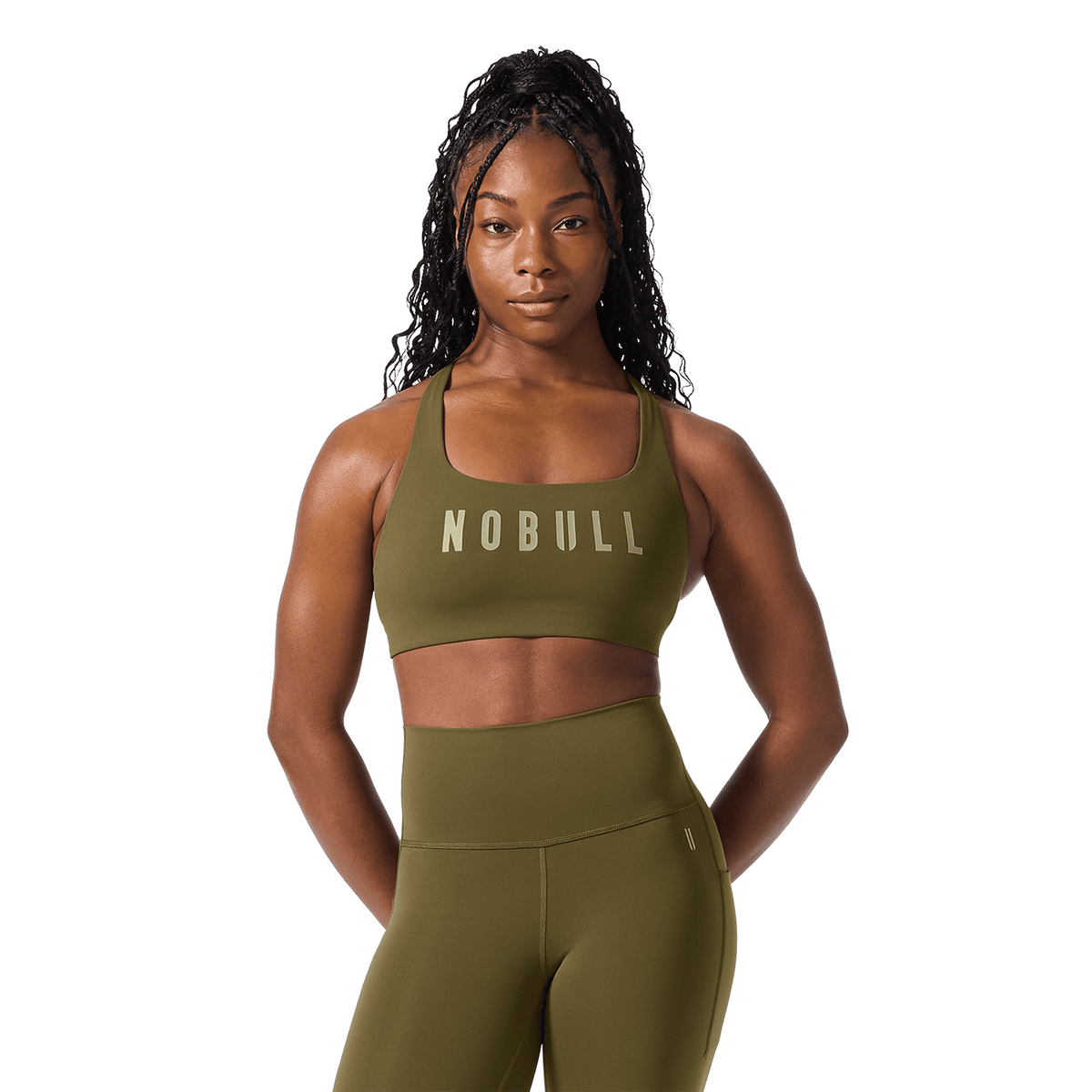 NOBULL Tactical Green Drive Racerback Bra Front Angle.