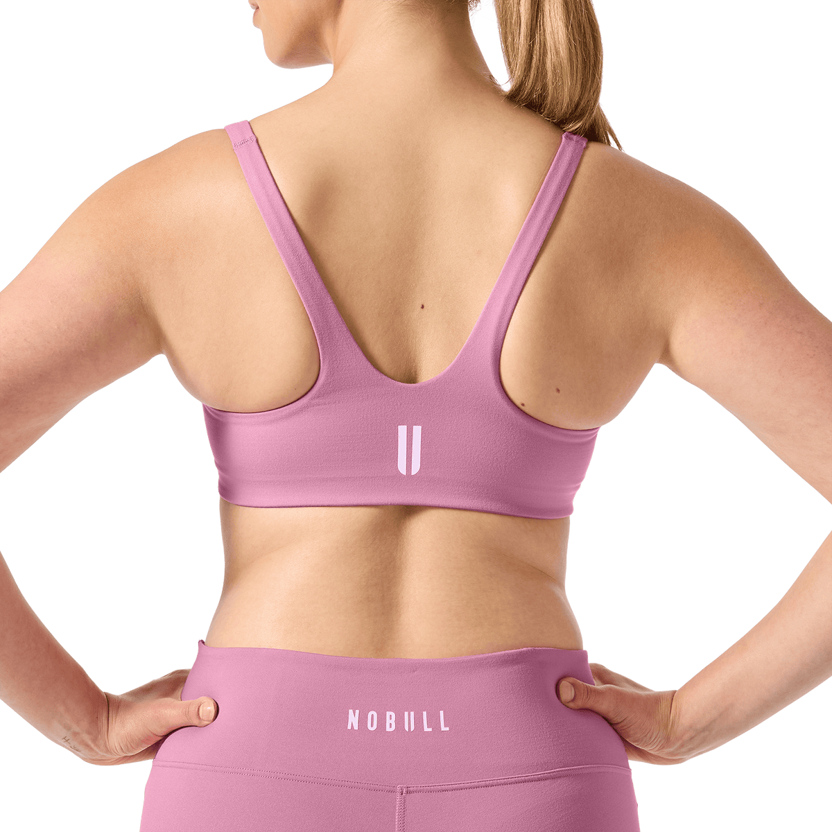 NOBULL Soft Pink Matte Square Neck Bra Back Detail Angle.