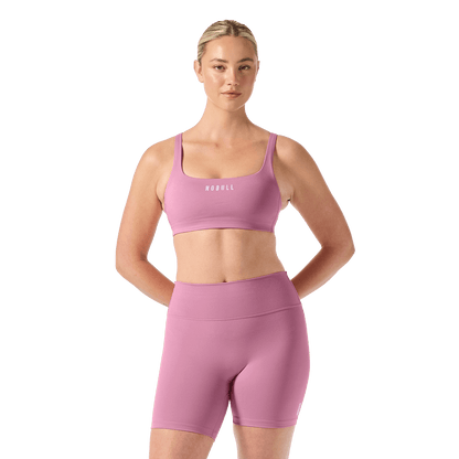 NOBULL Soft Pink Matte Square Neck Bra Front Upper Body Angle.