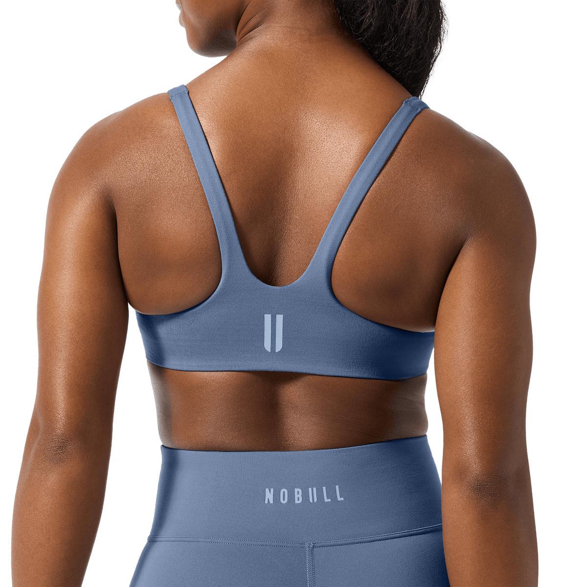 NOBULL Dusty Blue Matte Square Neck Bra Back Detail Angle.