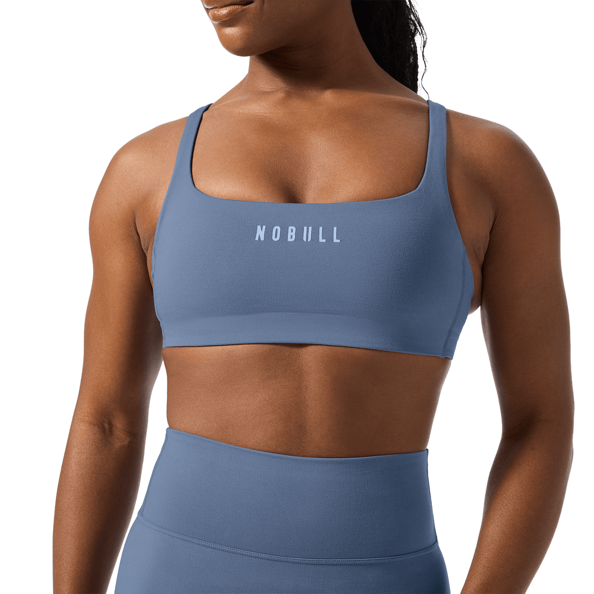 NOBULL Dusty Blue Matte Square Neck Bra Front Detail Angle.