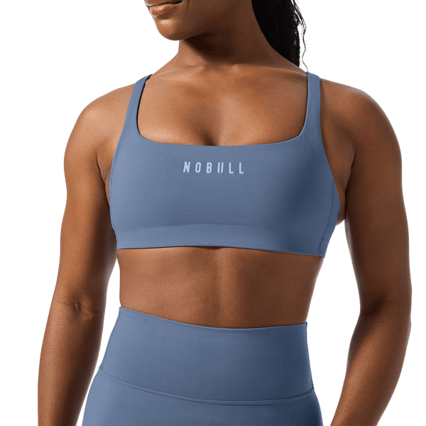 NOBULL Dusty Blue Matte Square Neck Bra Front Detail Angle.
