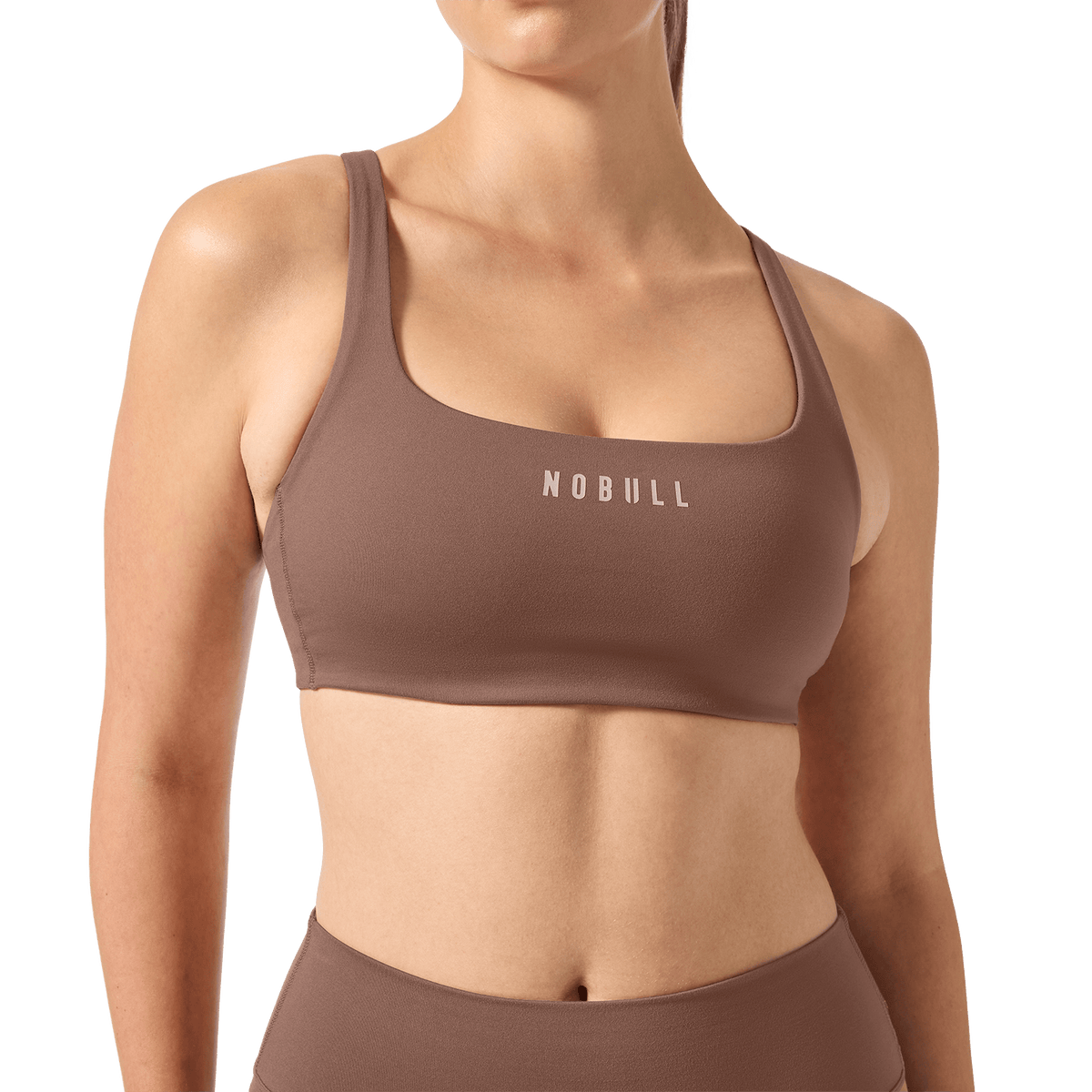 Women's Acorn NOBULL Matte Square Neck Bra Front Detail Angle.