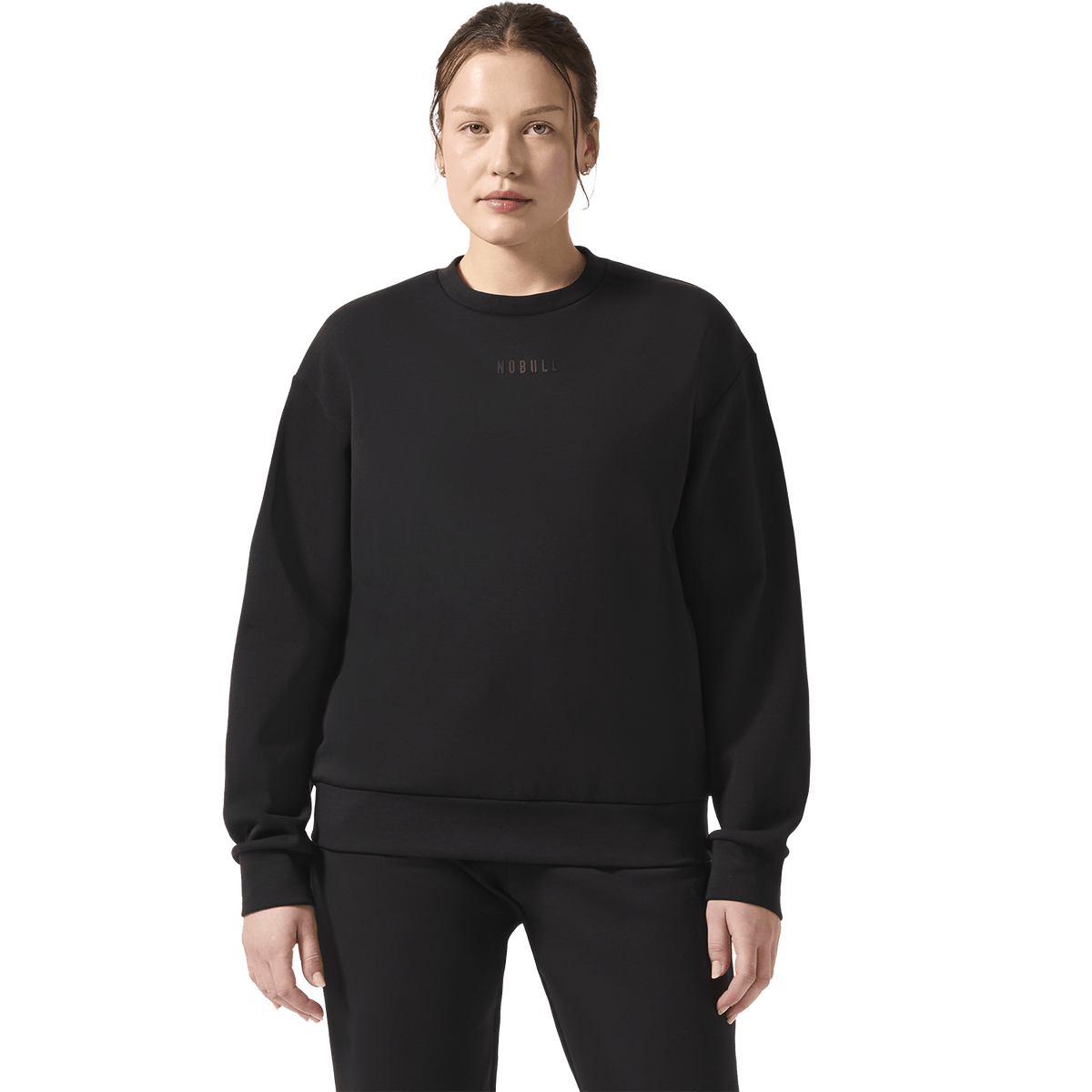 Women's Black NOBULL Elements Crew Sweatshirt Front On Body Angle. 