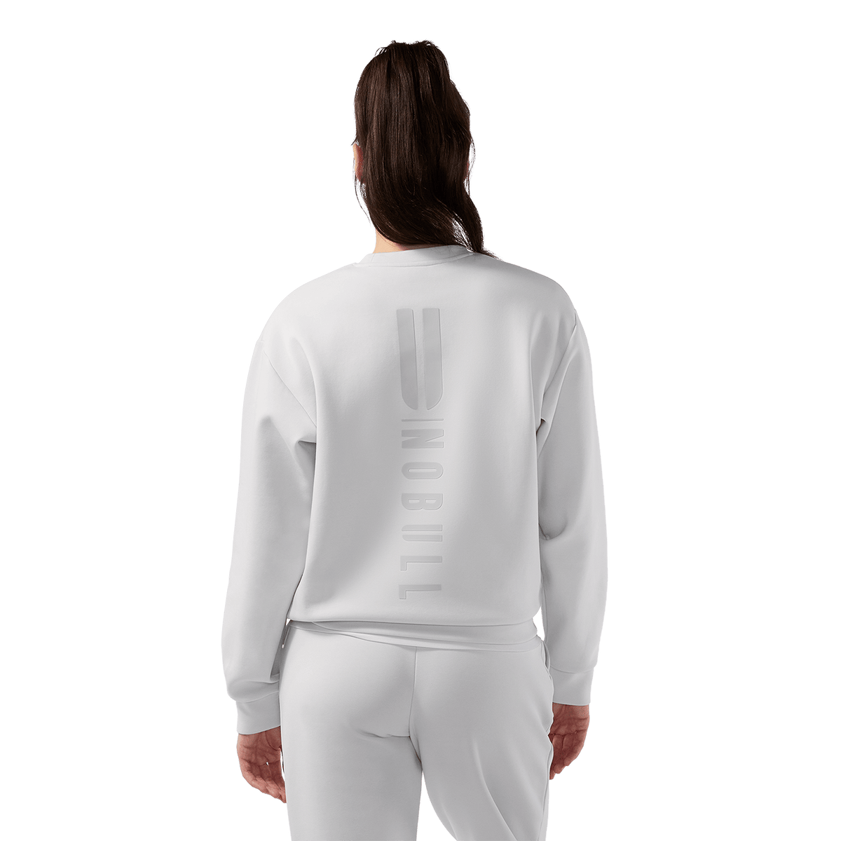Women's Light Grey NOBULL Elements Crew Back On Body Angle.