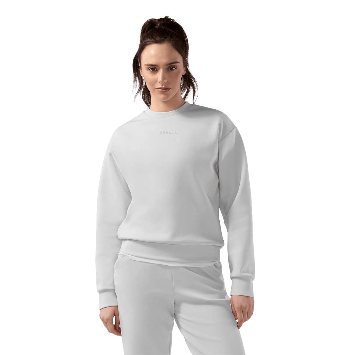 Women's Light Grey NOBULL Elements Crew Front On Body Angle.