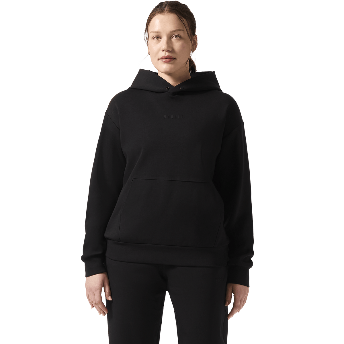 Women's Black NOBULL Elements Hoodie Front Waist Up Angle.