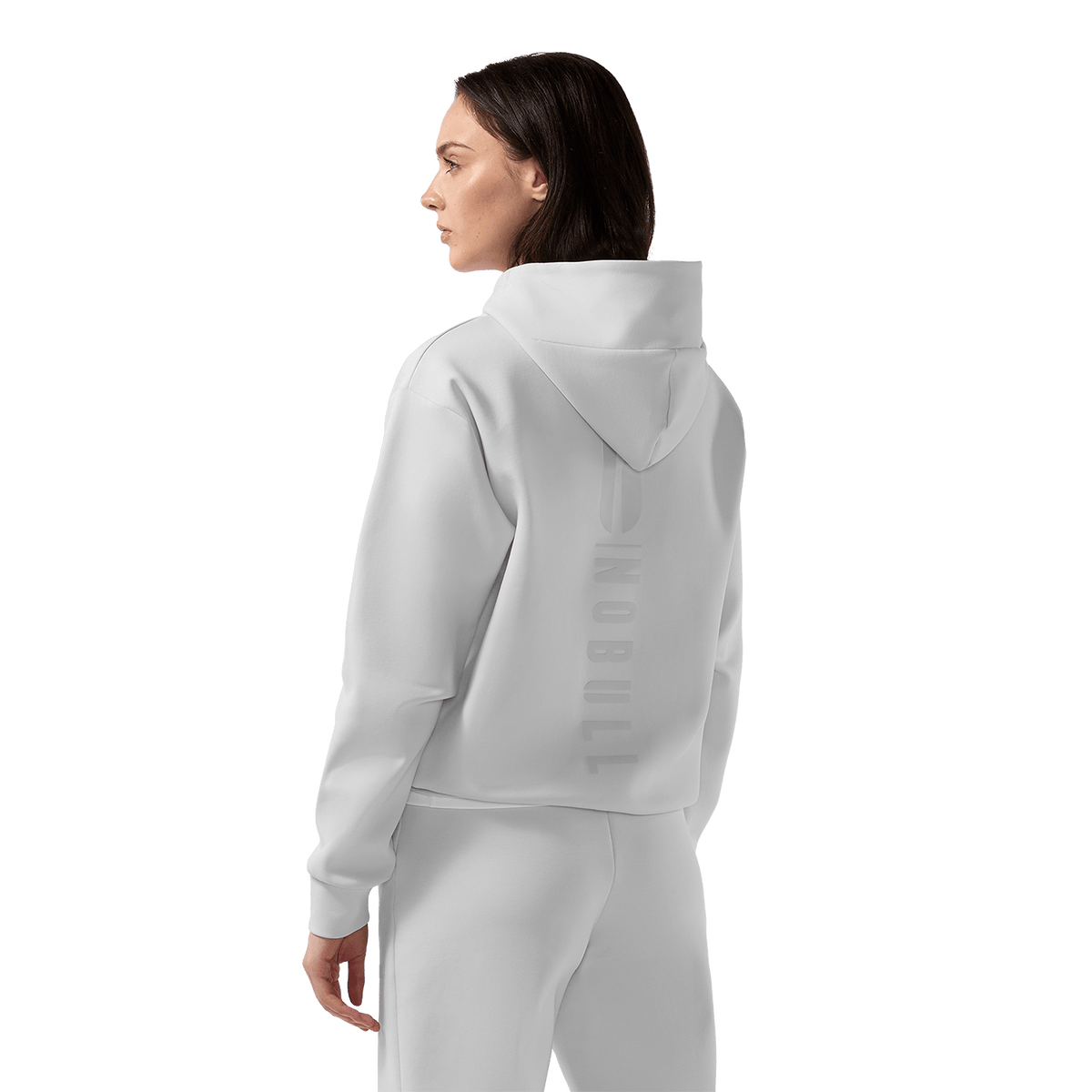 Women's Light Grey NOBULL Elements Hoodie Back On Body Angle.