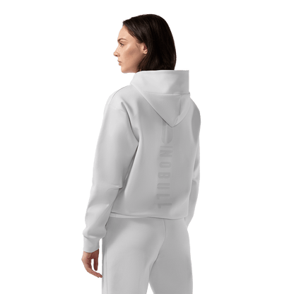Women's Light Grey NOBULL Elements Hoodie Back On Body Angle.