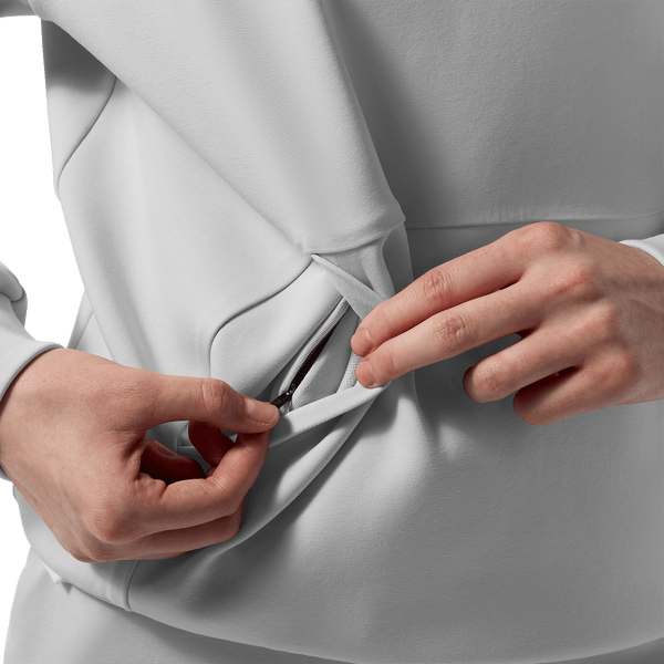 Women's Light Grey NOBULL Elements Hoodie Pocket Detail Angle.