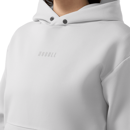 Women's Light Grey NOBULL Elements Hoodie Front Detail Angle.