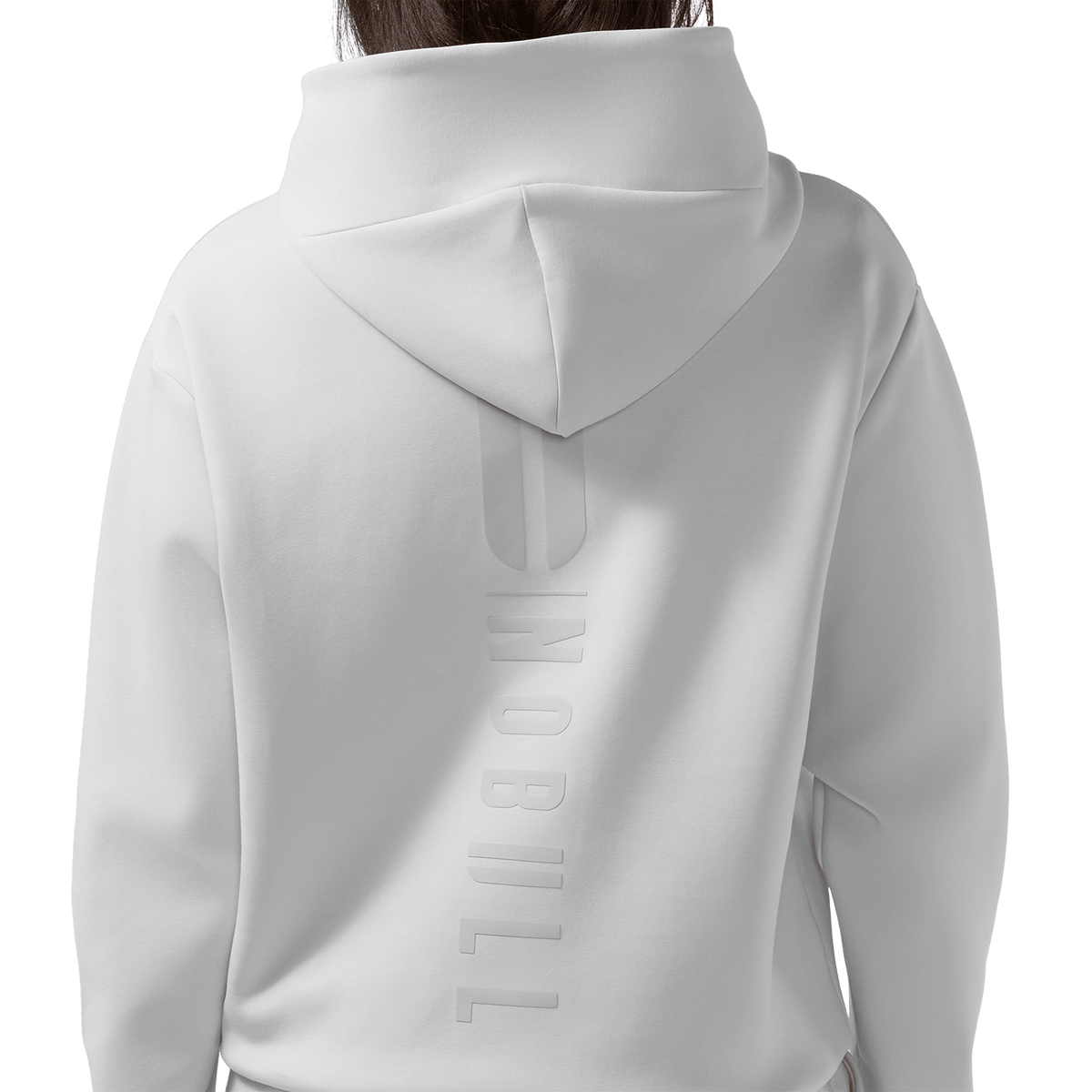 Women's Light Grey NOBULL Elements Hoodie Back On Body Angle.
