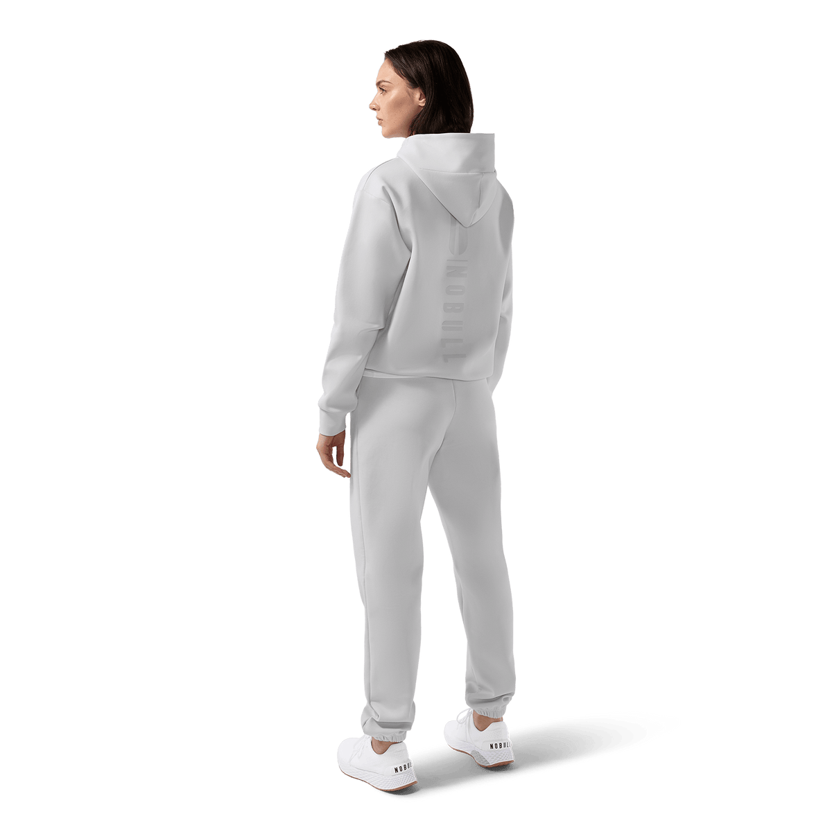 Women's Light Grey NOBULL Element Sweatpants Back Full Body Angle.