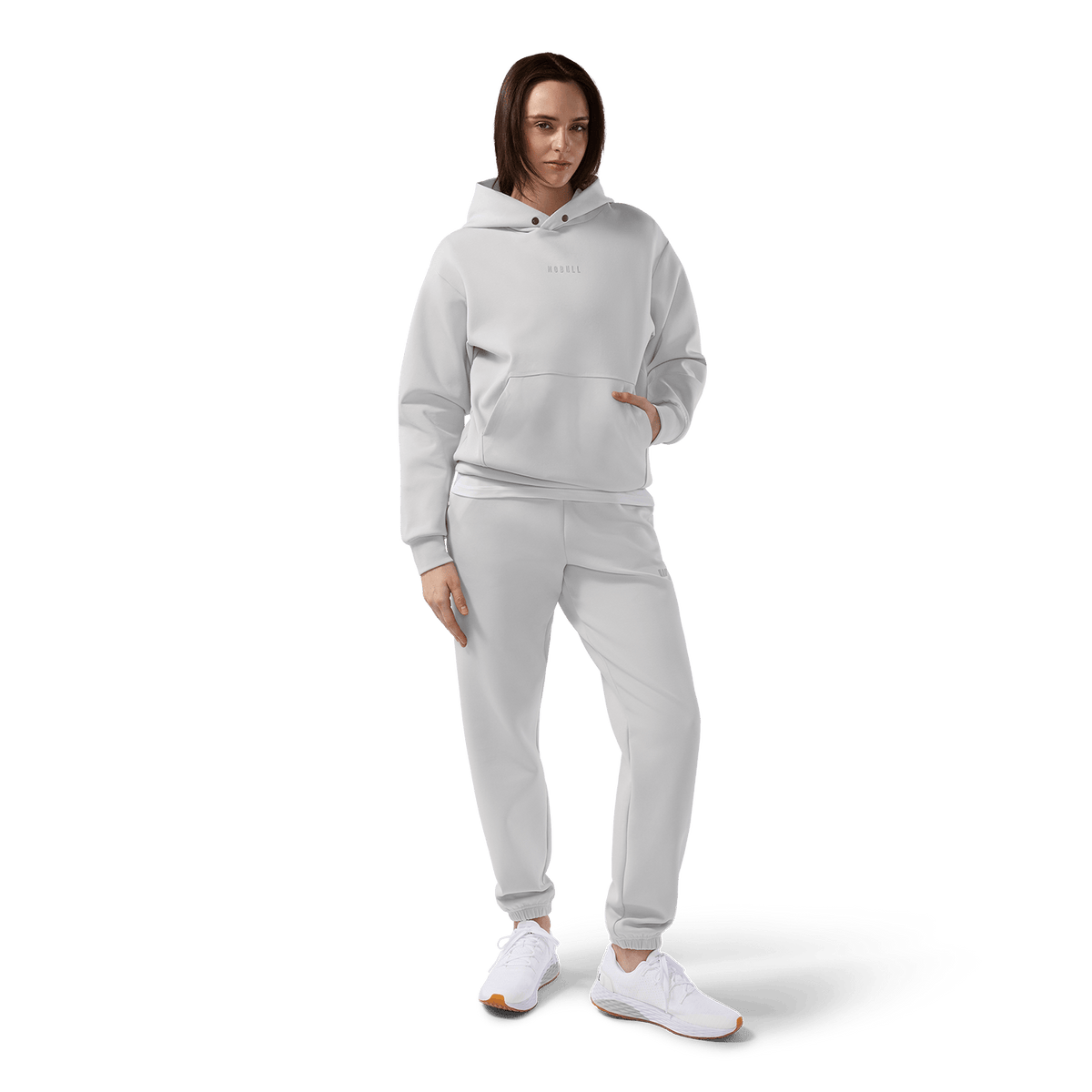 Women's Light Grey NOBULL Element Sweatpants Front Full Body Angle.