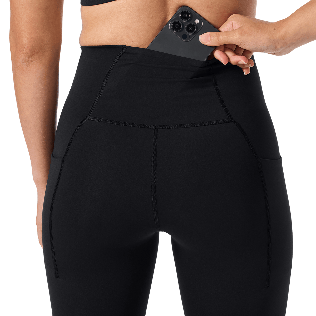 Women's Black High-Rise Drive Pocket Tight 28" Back Pocket Detail Angle.