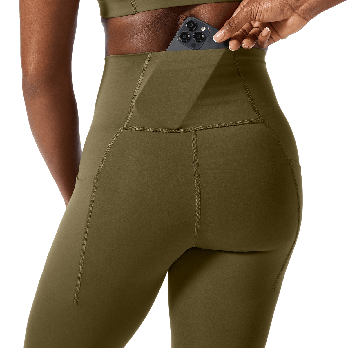 Women's Tactical Green High-Rise Drive Pocket Tight 28" Back Pocket Detail Angle.