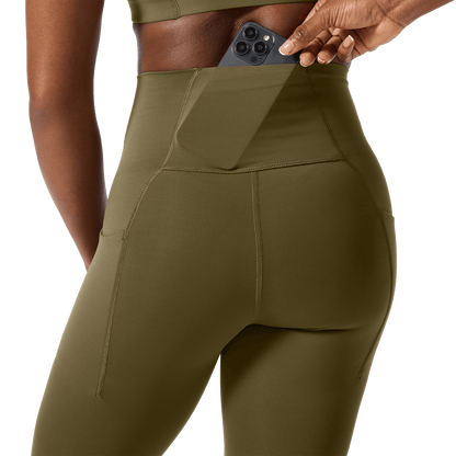 Women's Tactical Green High-Rise Drive Pocket Tight 28" Back Pocket Detail Angle.