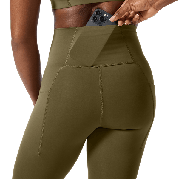 Women's Tactical Green High-Rise Drive Pocket Tight 28" Back Pocket Detail Angle.