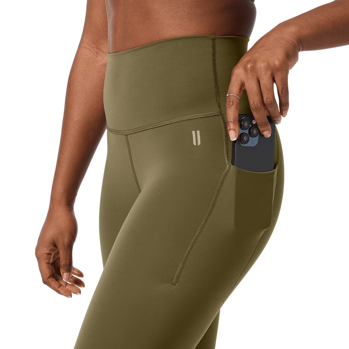 Women's Tactical Green High-Rise Drive Pocket Tight 28" Side Pocket Detail Angle.