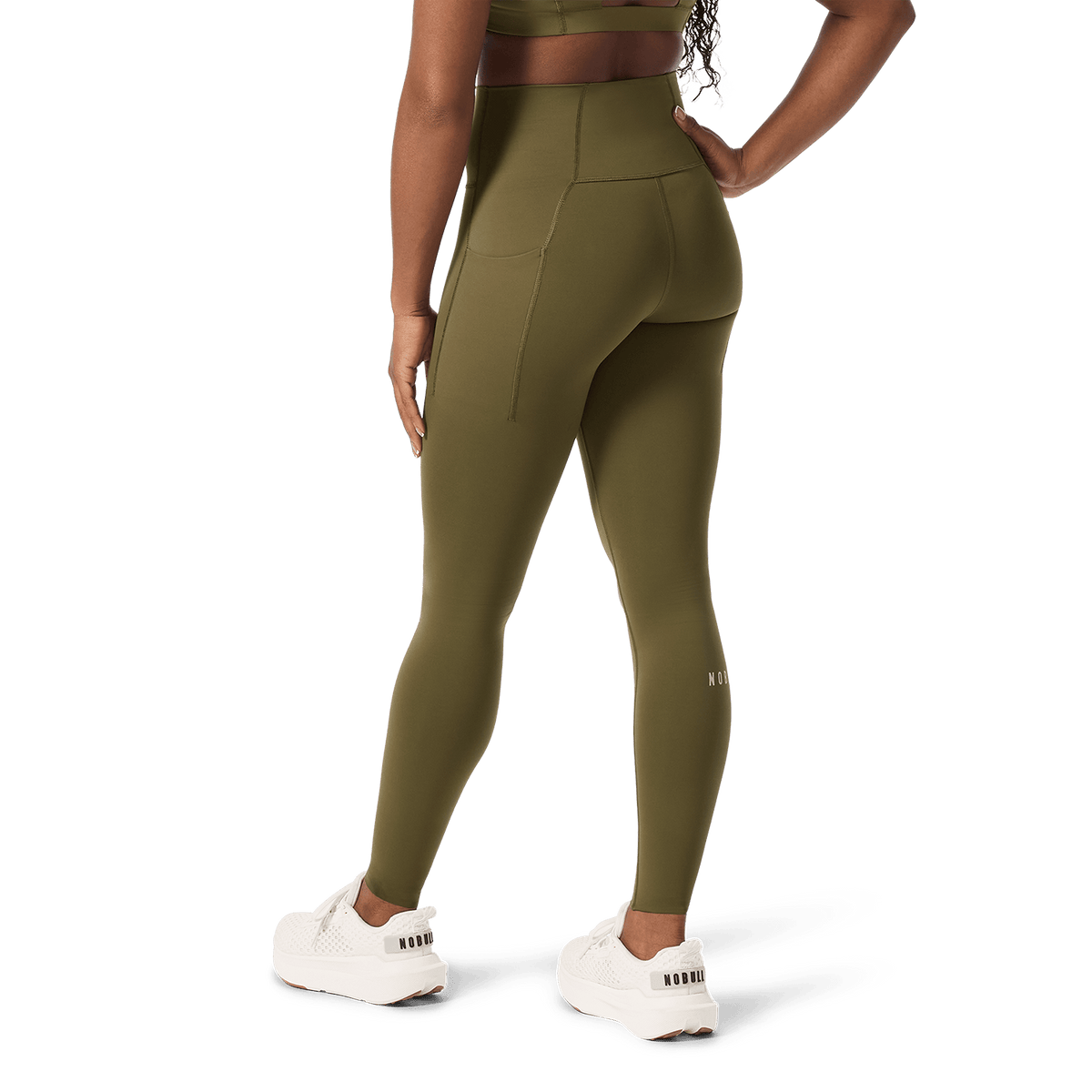 Women's Tactical Green High-Rise Drive Pocket Tight 28" Back Lower Body Angle.