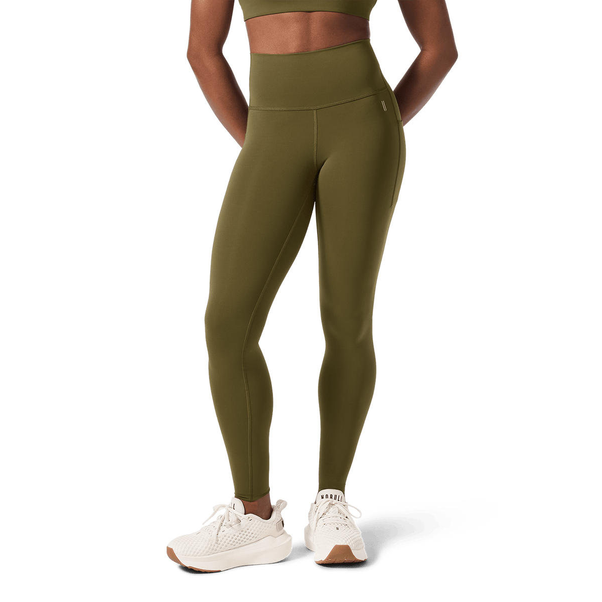 Women's Tactical Green High-Rise Drive Pocket Tight 28" Front Lower Body Angle.