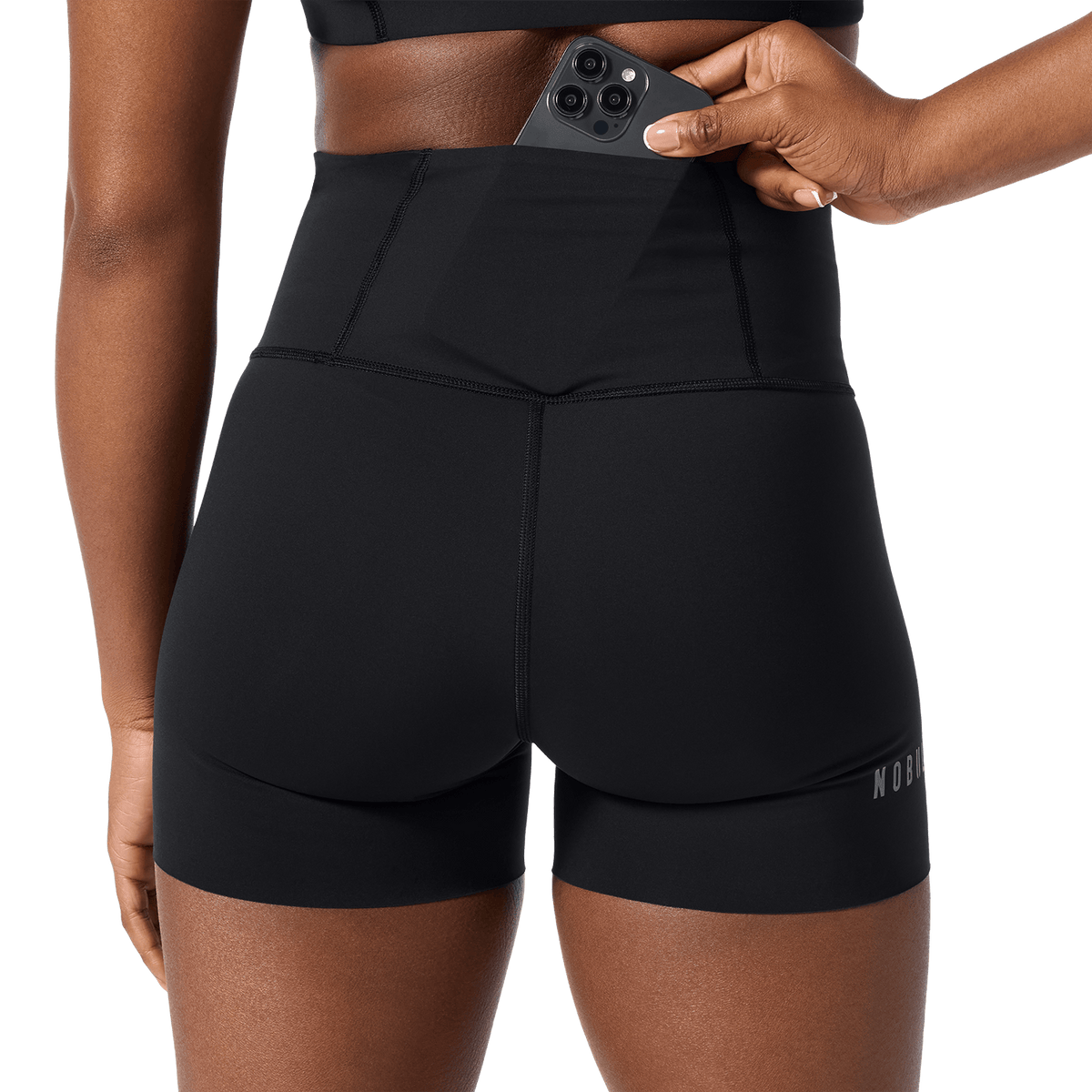 Women's Black High-Rise Drive Short 4" Back Pocket Detail Angle.