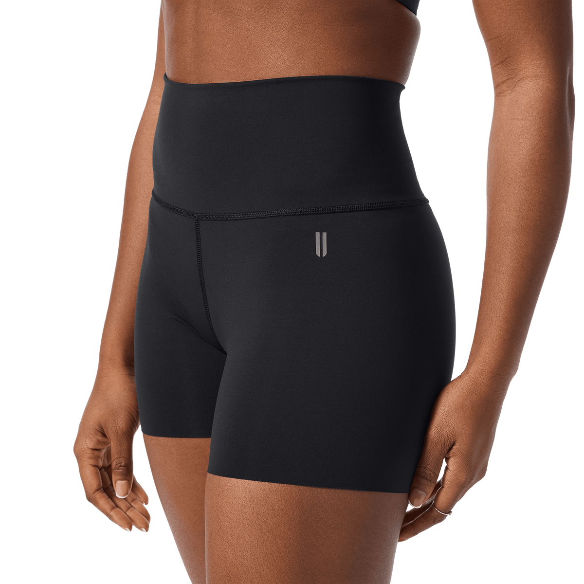 Women's Black High-Rise Drive Short 4" Front Detail Angle.