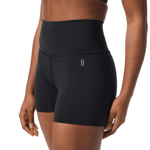 Women's Black High-Rise Drive Short 4" Front Detail Angle.