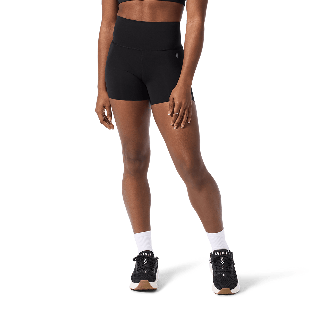 Women's Black High-Rise Drive Short 4" Front Lower Body Angle.