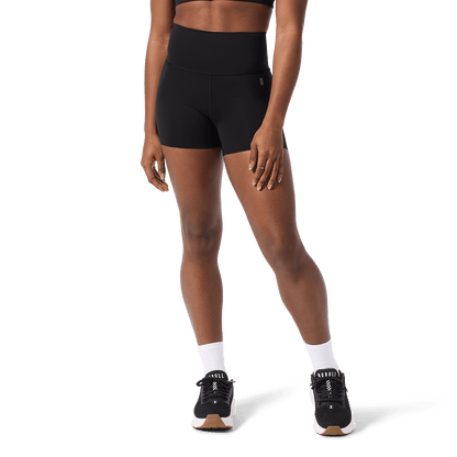 Women's Black High-Rise Drive Short 4" Front Lower Body Angle.