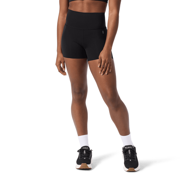 Women's Black High-Rise Drive Short 4" Front Lower Body Angle.