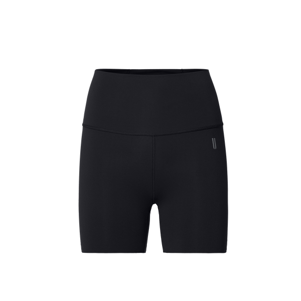 Women's Black High-Rise Drive Short 4" Front Silhouette Angle.