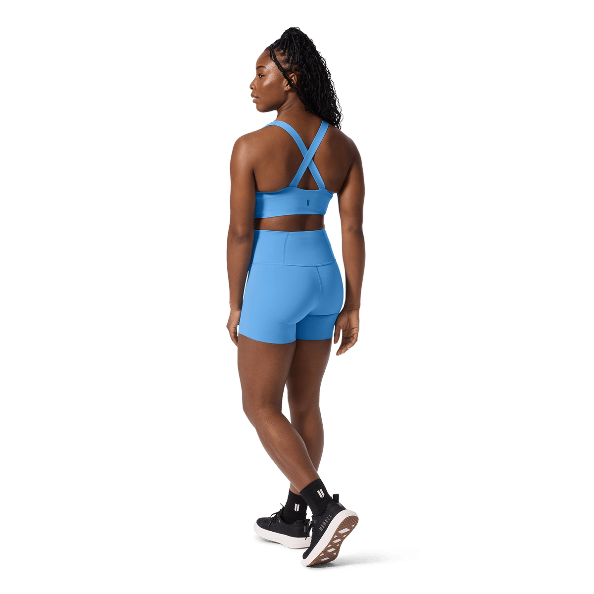 Women's Light Blue High-Rise Drive Short 4" Back Full Body Angle.