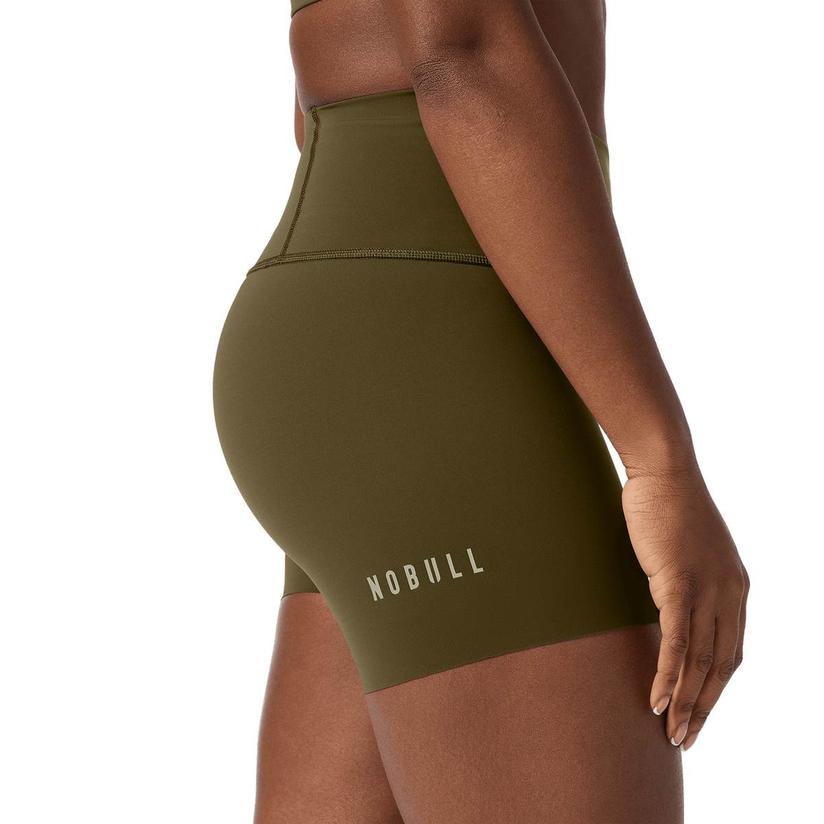 Women's Tactical Green High-Rise Drive Short 4" Side Detail Angle.