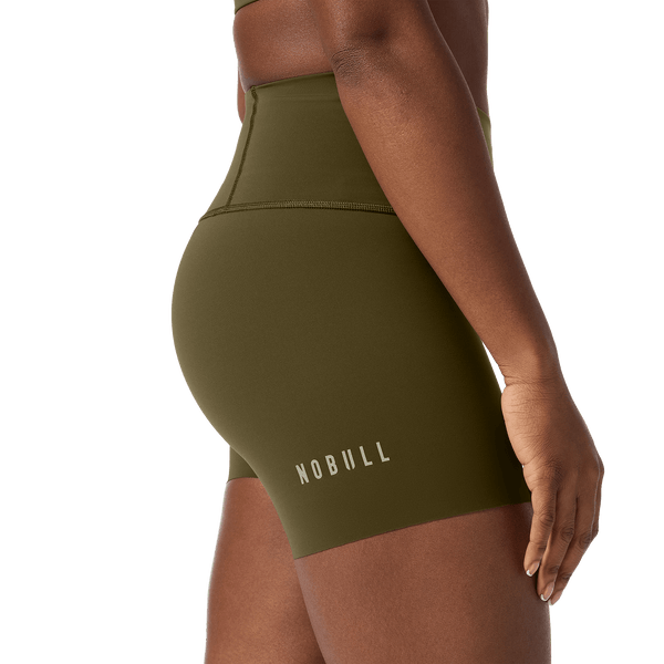 Women's Tactical Green High-Rise Drive Short 4" Side Detail Angle.