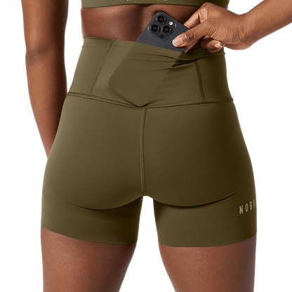 Women's Tactical Green High-Rise Drive Short 4" Back Pocket Detail Angle.