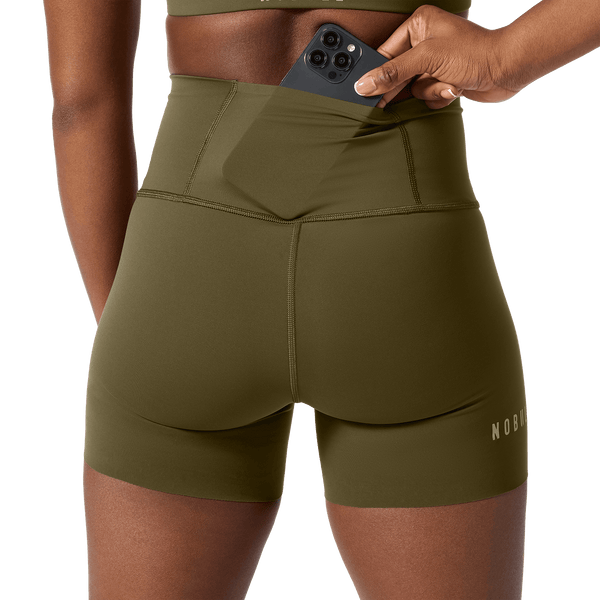 Women's Tactical Green High-Rise Drive Short 4" Back Pocket Detail Angle.