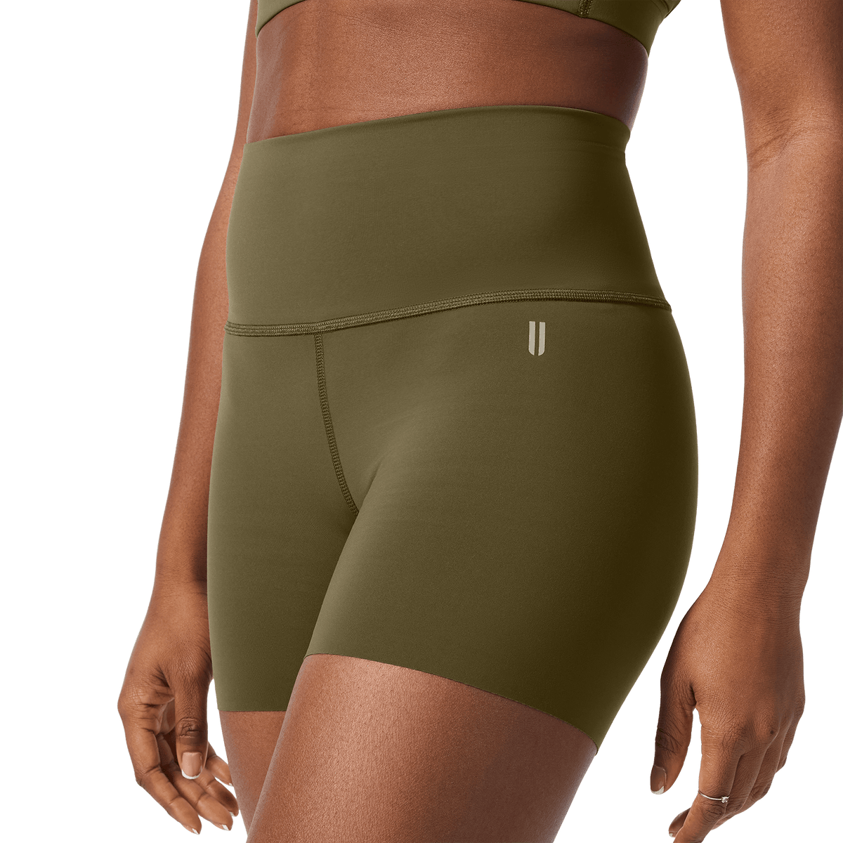 Women's Tactical Green High-Rise Drive Short 4" Front Detail Angle.