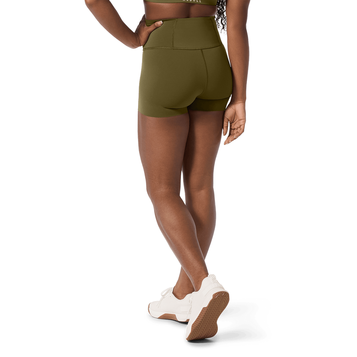 Women's Tactical Green High-Rise Drive Short 4" Back Lower Body Angle.