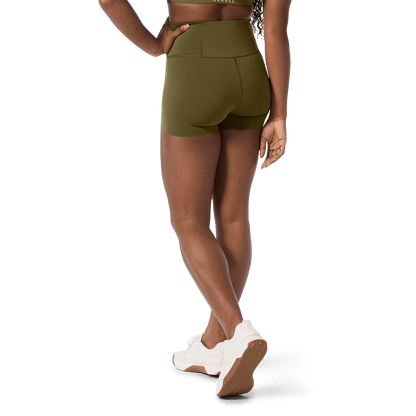 Women's Tactical Green High-Rise Drive Short 4" Back Lower Body Angle.