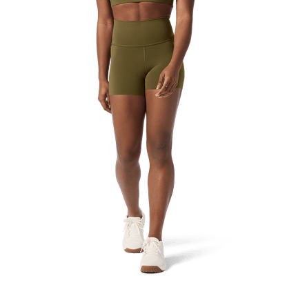 Women's Tactical Green High-Rise Drive Short 4" Front Lower Body Angle.