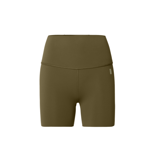 Women's Tactical Green High-Rise Drive Short 4" Front Silhouette Angle.